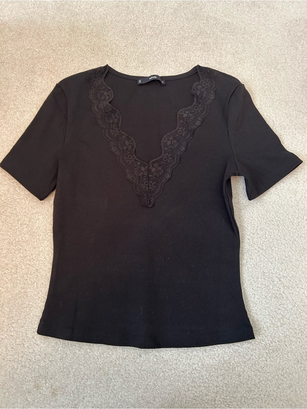 Mango Black Ribbed Short Sleeve Top with Lace V-Neck